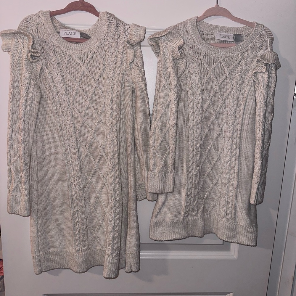 Cable Knit Ruffle Sweater Dress - cream color with sparkle detail